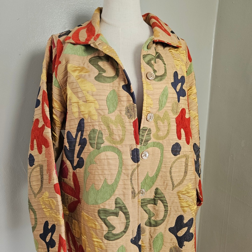 Eclectic Jacquard Texture Floral Button Front Jacket Coat Sz 2X Beige Multicolor